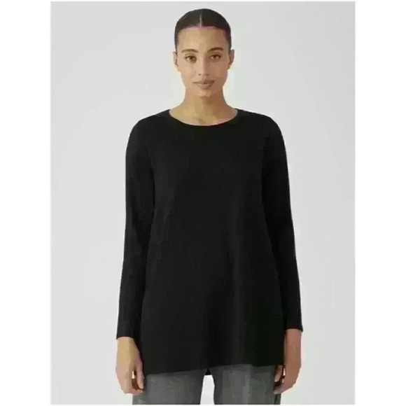 Eileen Fisher Long Sleeve Black Top Scoop Neck Viscose Spandex Top - Picture 1 of 9